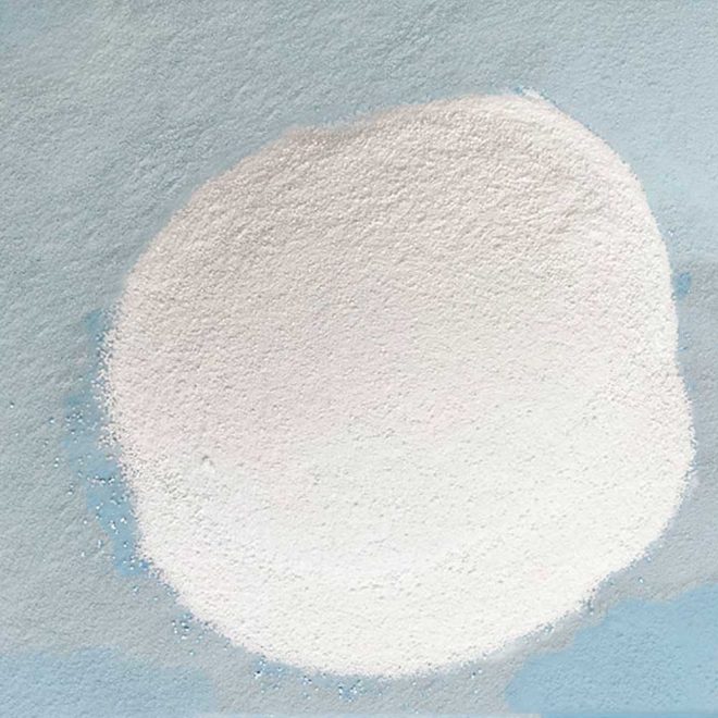A close view of calcium hypochlorite powder, a powerful disinfectant and water treatment agent.