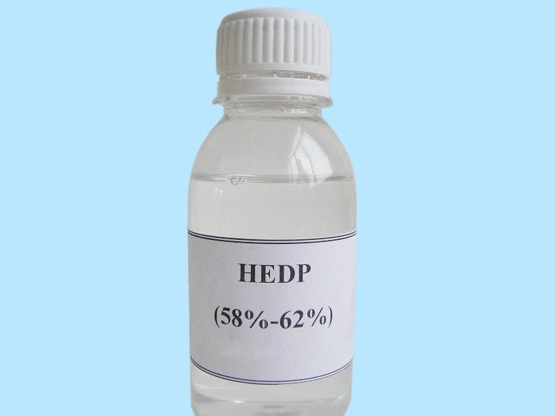 A bottle of HEDP (1-Hydroxyethylidene-1,1-diphosphonic acid) Liquid. HEDP functions primarily as Corrosion and Scale Inhibitors