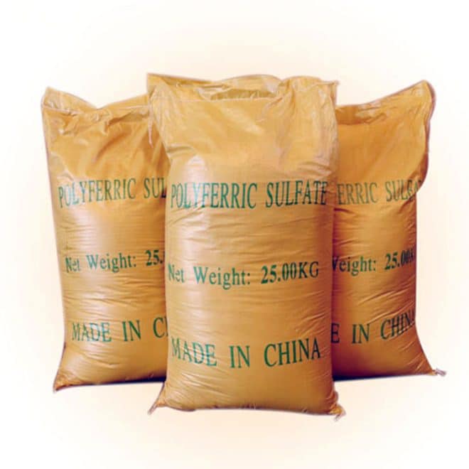 Poly Ferric Sulphate (PFS) packaged in yellow woven plastic bags for secure storage and transportation.